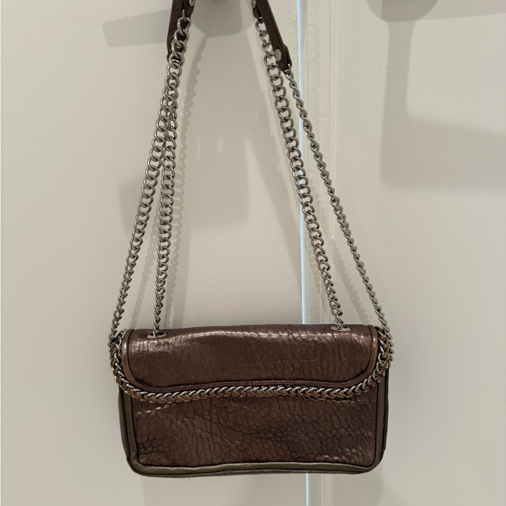 Henri Bendel pewter Leather Shoulder Bag with Chain